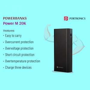 Black Portronics Power M 20K powerbank with features listed