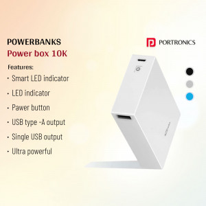 White Portronics Powerbox 10K powerbank with features listed