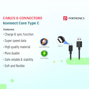Portronics Konnect Core Type C charging cable with features listed