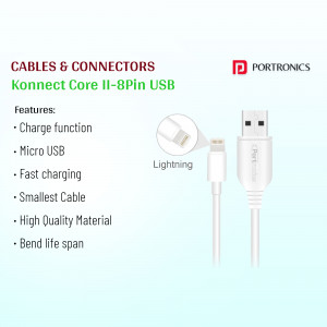 White Portronics Konnect Core II-8Pin USB cable with Lightning connector