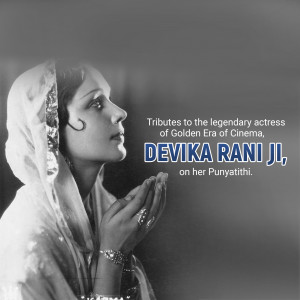 Black and white portrait of Devika Rani, a legendary Indian actress, with hands clasped in prayer.