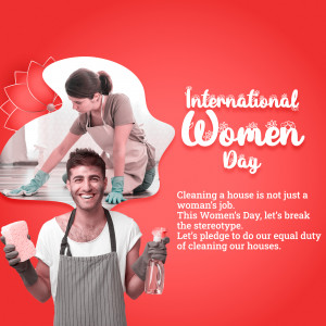 Image depicting a man and woman cleaning, promoting equal household responsibilities for International Women's Day.
