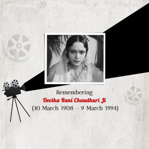Black and white portrait of Devika Rani with film reel graphics