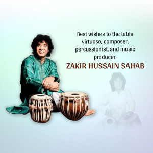 Portrait of Zakir Hussain with his tabla instruments