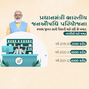 Image depicting the Pradhan Mantri Bharatiya Janaushadhi Pariyojana scheme with Narendra Modi and a pharmacy illustration.