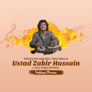 Portrait of Ustad Zakir Hussain, a Tabla Maestro, with musical notes and a birthday greeting.