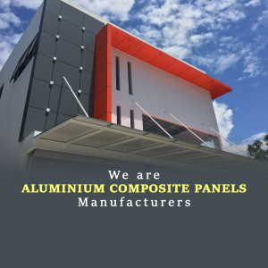 Modern building facade with aluminum composite panels and company branding