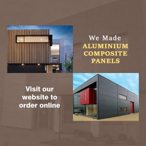 Image showcasing modern buildings with aluminum composite panels and a call to action to visit the website.