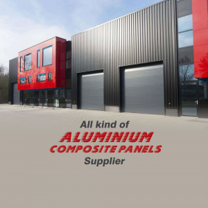 Modern building facade with aluminum composite panels and supplier advertisement