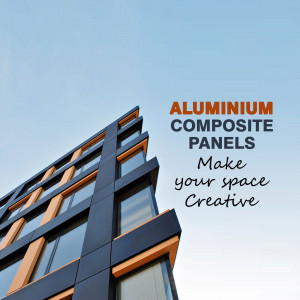 Close-up of a building facade featuring aluminum composite panels in shades of blue, gray, and orange.