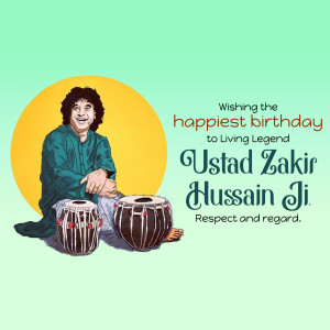 Illustration of Ustad Zakir Hussain with his tablas, wishing him a happy birthday.