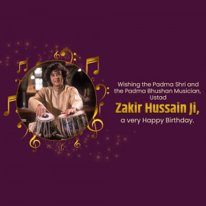 Image of Zakir Hussain, a tabla player, with birthday wishes.