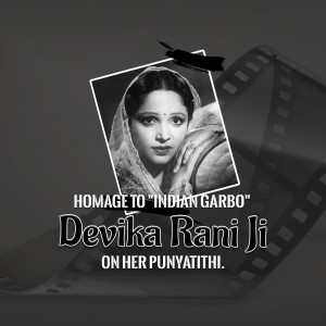 Black and white portrait of Devika Rani with filmstrip and text tribute