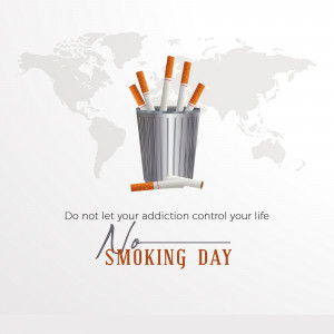 Image depicting cigarettes in a trash can with a world map background and 'No Smoking Day' message.