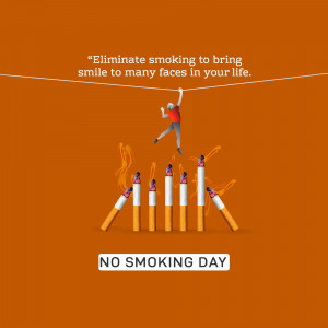 Illustration of a person walking on a tightrope over burning cigarettes with the message 'Eliminate smoking to bring smile to many faces in your life' and 'No Smoking Day'.