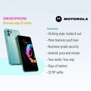 Motorola Edge 20 Fusion smartphone in teal color with features listed
