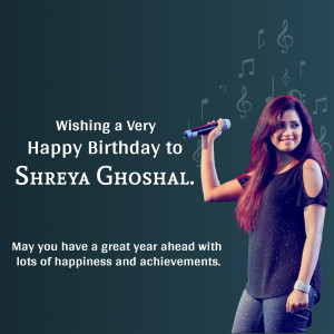 Shreya Ghoshal holding a microphone with musical notes in the background