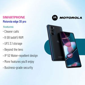 Motorola Edge 30 Pro smartphone with key features listed