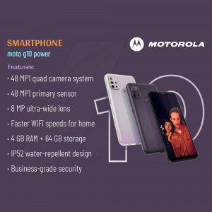 Motorola Moto G10 Power smartphone with key features listed