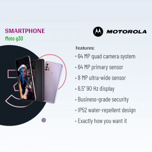 Motorola Moto g30 smartphone with key features highlighted