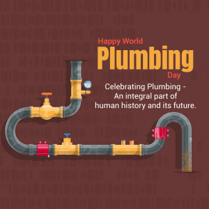 Illustration of plumbing pipes and valves with text 'Happy World Plumbing Day'