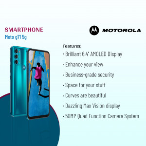 Motorola Moto g71 5G smartphone with a vibrant AMOLED display and a person running on the screen.