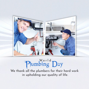 Image celebrating World Plumbing Day with a plumber giving a thumbs up and working under a sink.