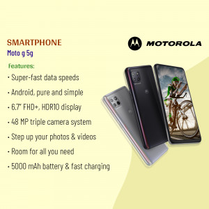 Motorola Moto g 5g smartphone advertisement with features listed