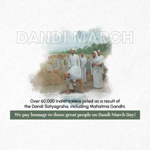 Illustration depicting Mahatma Gandhi leading the Dandi March with a text overlay about the event and its impact.