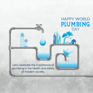 Illustration celebrating World Plumbing Day with pipes, water, and city skyline.