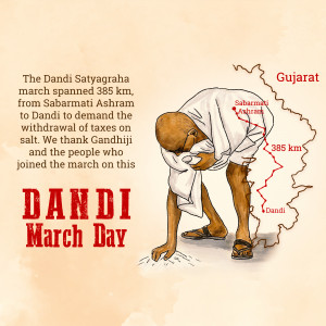 Illustration depicting Mahatma Gandhi during the Dandi March, with a map of Gujarat in the background.