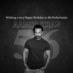 Black and white portrait of Aamir Khan with birthday wishes