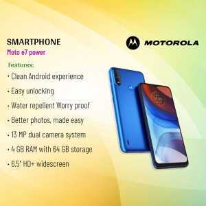 Motorola Moto e7 Power smartphone with features listed