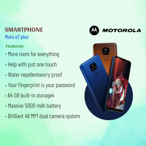 Motorola Moto e7 Plus smartphone with key features listed