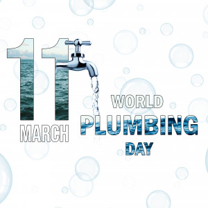 Image depicting a faucet with water flowing into the shape of the number 11, with text celebrating World Plumbing Day.