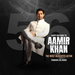 Aamir Khan birthday poster with a large number 59 and text celebrating his dedication to acting.