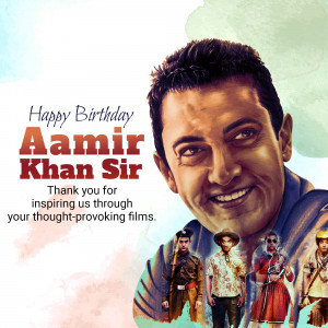 A digital artwork celebrating Aamir Khan's birthday with a collage of his iconic film characters.