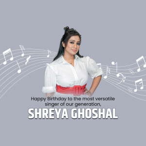 Portrait of Shreya Ghoshal with musical notes and birthday greeting