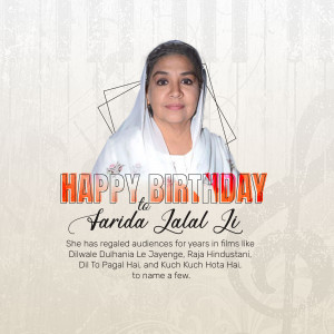 Portrait of Farida Jalal Ji with a birthday greeting