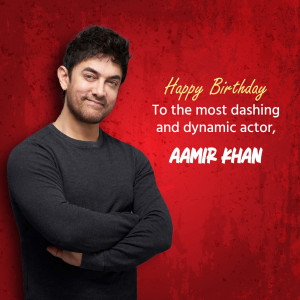 Aamir Khan birthday greeting image with a red textured background.
