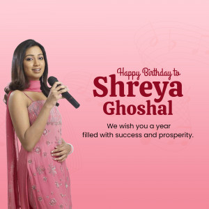 Shreya Ghoshal birthday greeting with the singer holding a microphone.