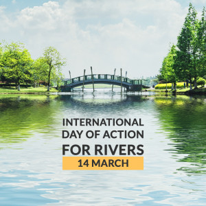 Image promoting International Day of Action for Rivers with a scenic view of a bridge over a river.