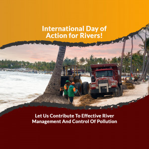 Image depicting river cleanup efforts with workers, machinery, and a tropical beach background.