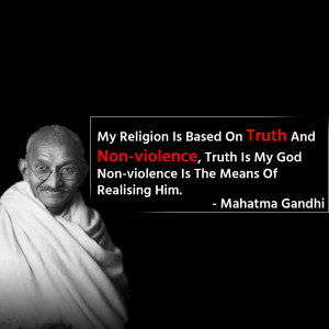 Portrait of Mahatma Gandhi with a quote about truth and non-violence.