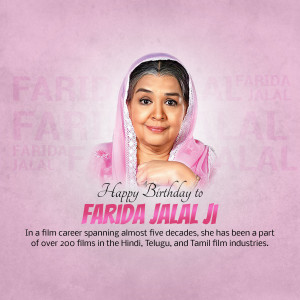 Portrait of Farida Jalal with birthday greetings
