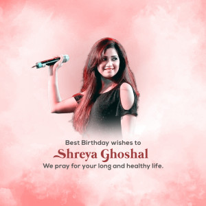 Portrait of Shreya Ghoshal, a popular Indian singer, with birthday wishes.