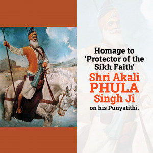 Painting of Shri Akali Phula Singh Ji on a white horse