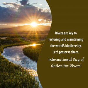 Scenic view of a river at sunset with text promoting river conservation