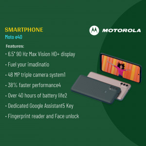 Motorola Moto e40 smartphone with key features listed