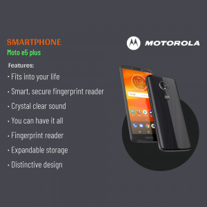 Motorola Moto e5 Plus smartphone with features listed